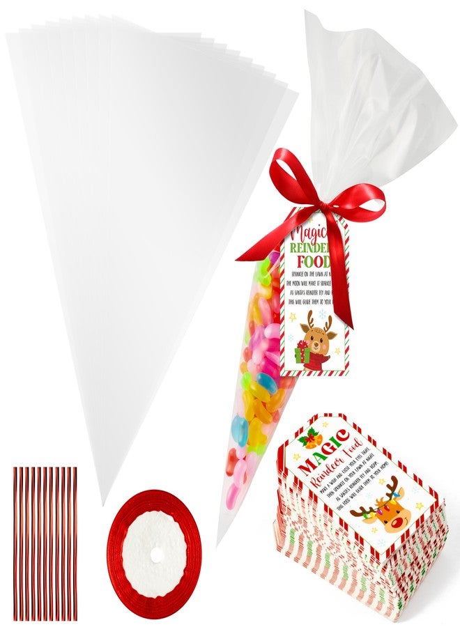 CPicdn 100 Set Christmas Cellophane Treat Bags with Reindeer Gift Tags Twist Ties, Christmas Cone Shaped Party Favor Goodie Bags for Candy Cookies, Xmas Winter Holiday Party Supplies Favor Gifts - Image 2